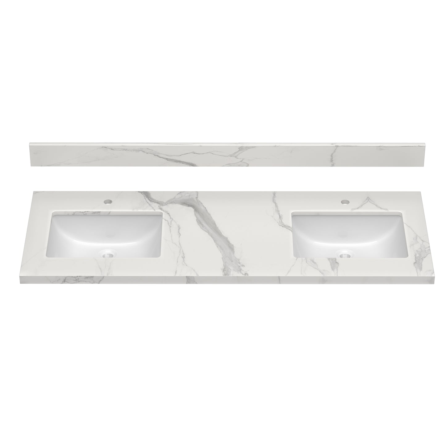 61x22 Inch Bathroom Vanity Top Engineered Quartz Stone with Double Rectangle Undermount Ceramic Sink and 2 Faucet Hole with Backsplash