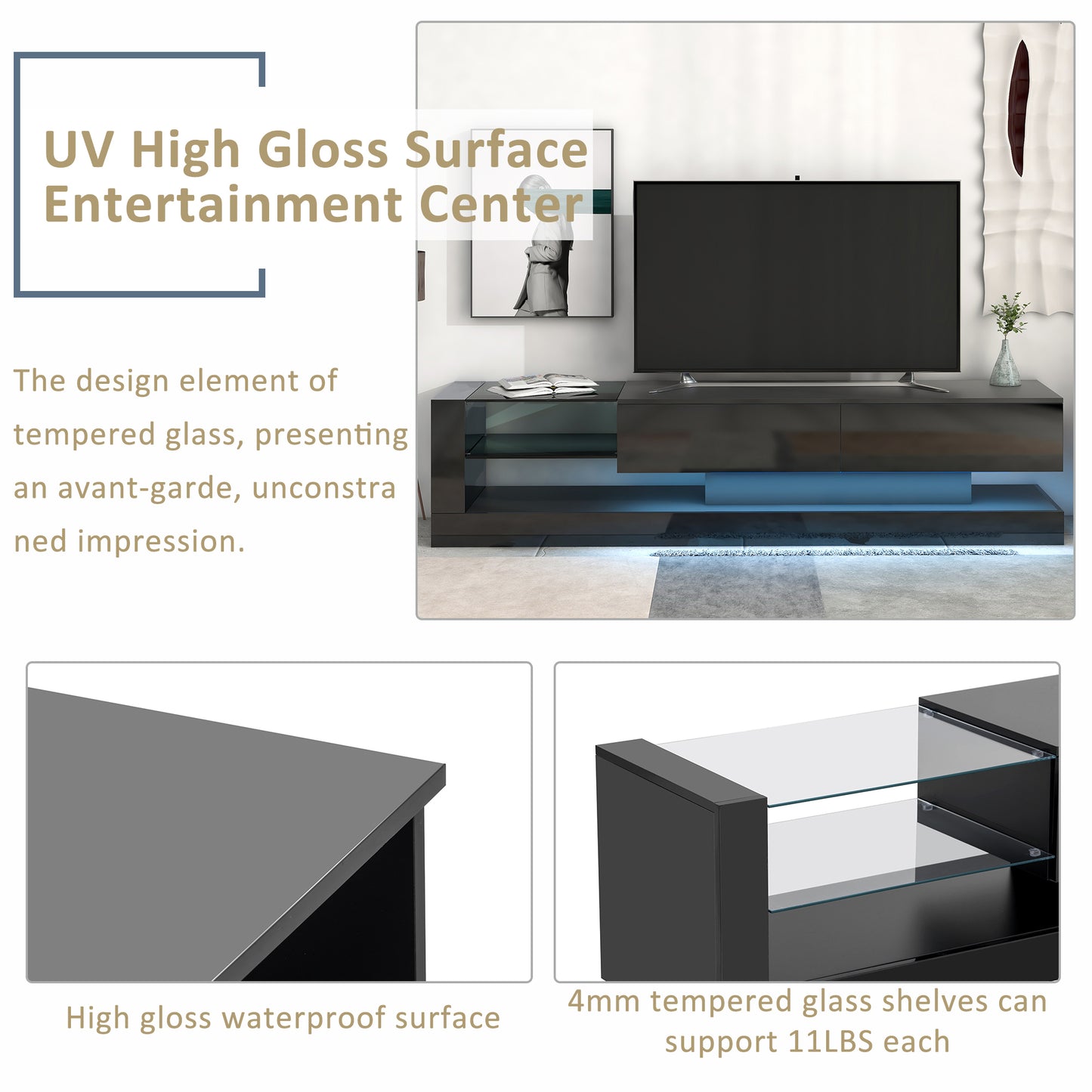 Sleek Black TV Stand with Multi-Colored RGB LED Lighting and Spacious Storage