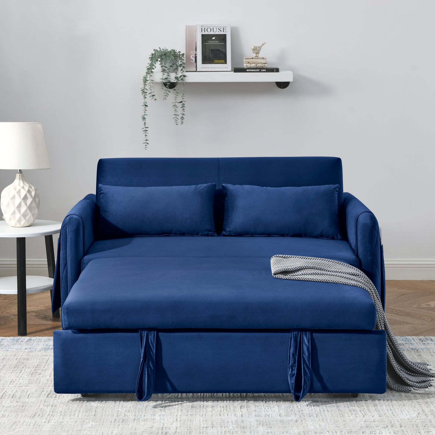 55 Convertible Velvet Sofa Bed with Adjustable Backrest and Storage Pockets