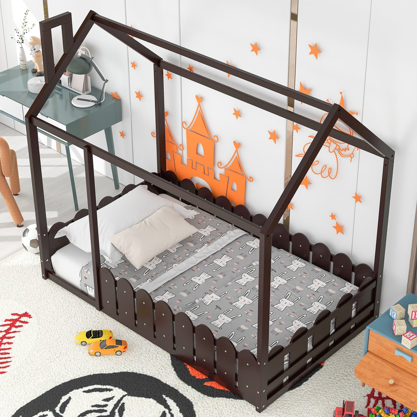 {Slats are not included}Twin Size Wood Bed House Bed Frame with Fence,for Kids,Teens, Girls,Boys {Espresso}{OLD SKU:WF194274AAP}