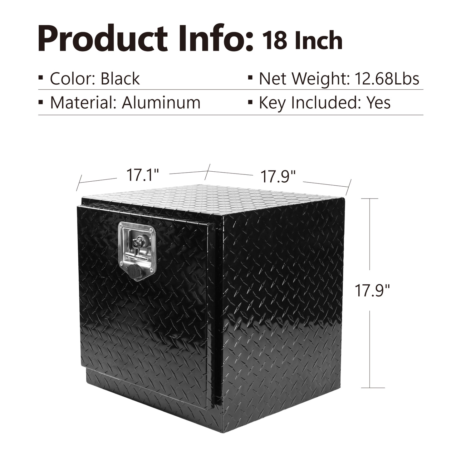 18 Inch Heavy Duty Aluminum Diamond Plate Tool Underbody Box, Waterproof Square Truck Storage Organizer Chest for Pick Up Truck Bed, RV Trailer with T-Handle Lock and Keys 18"(17.9"×17.1"×17.9")