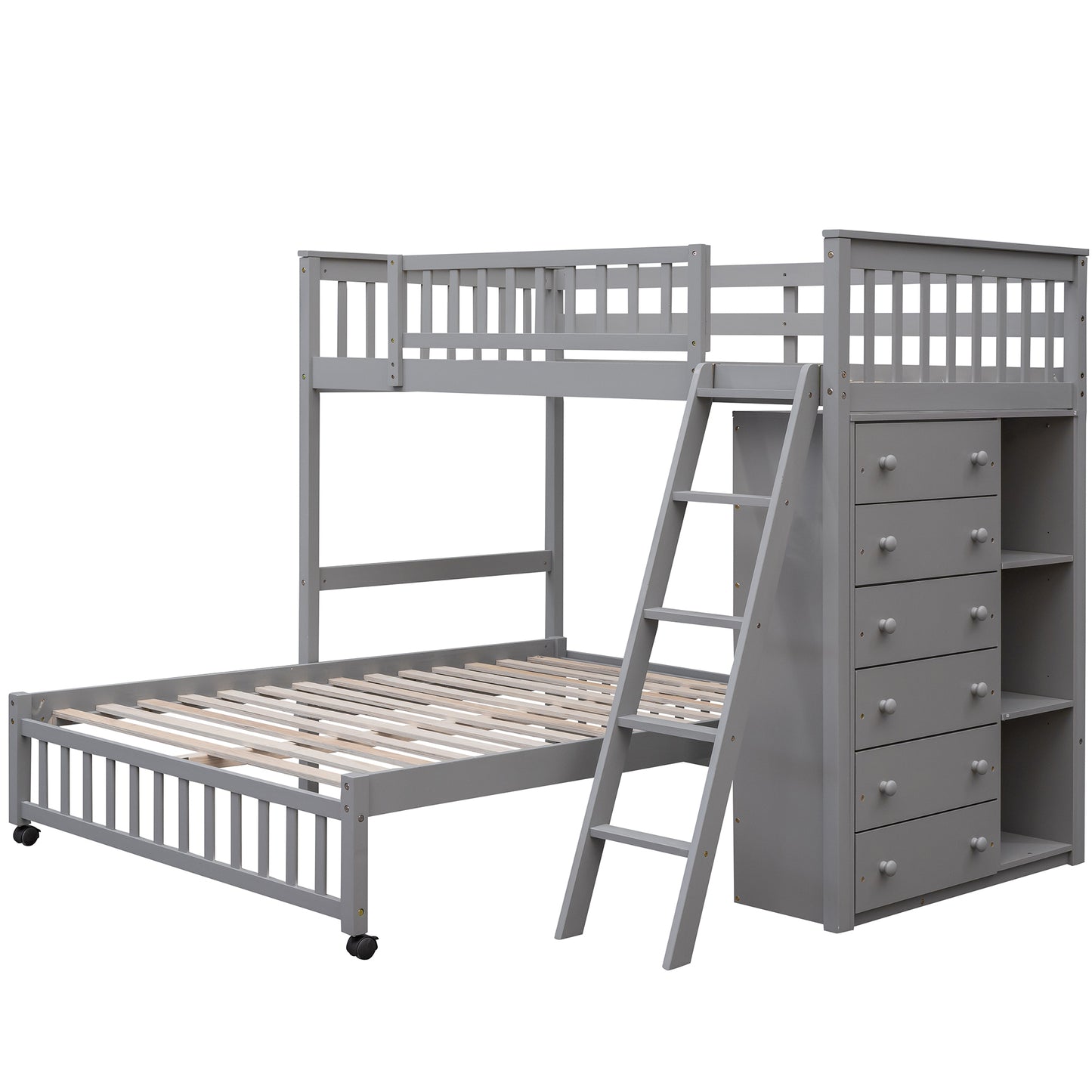 Gray Twin Over Full Bunk Bed With Storage Drawers And Wheels