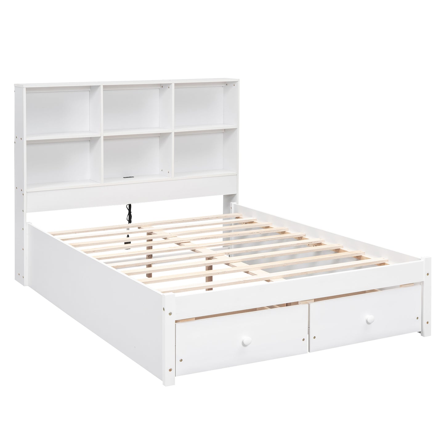 Full Size Platform Bed with Storage Headboard, Charging Station and 2 Drawers, White