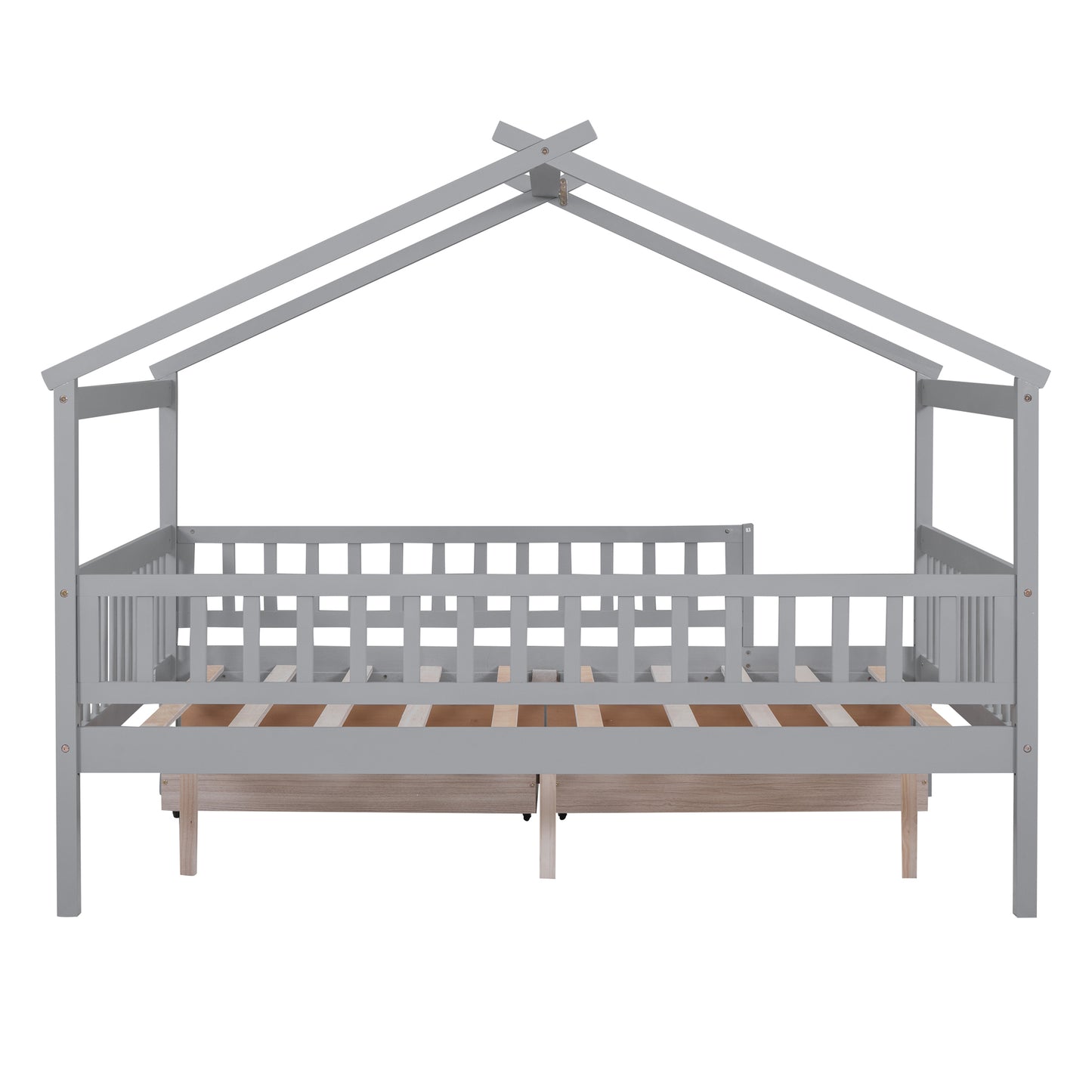 Full Size Wooden House Bed with Two Drawers,Gray