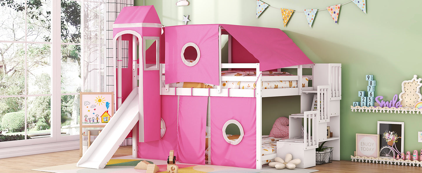 Full Size Loft Bed with Tent and Tower - Pink