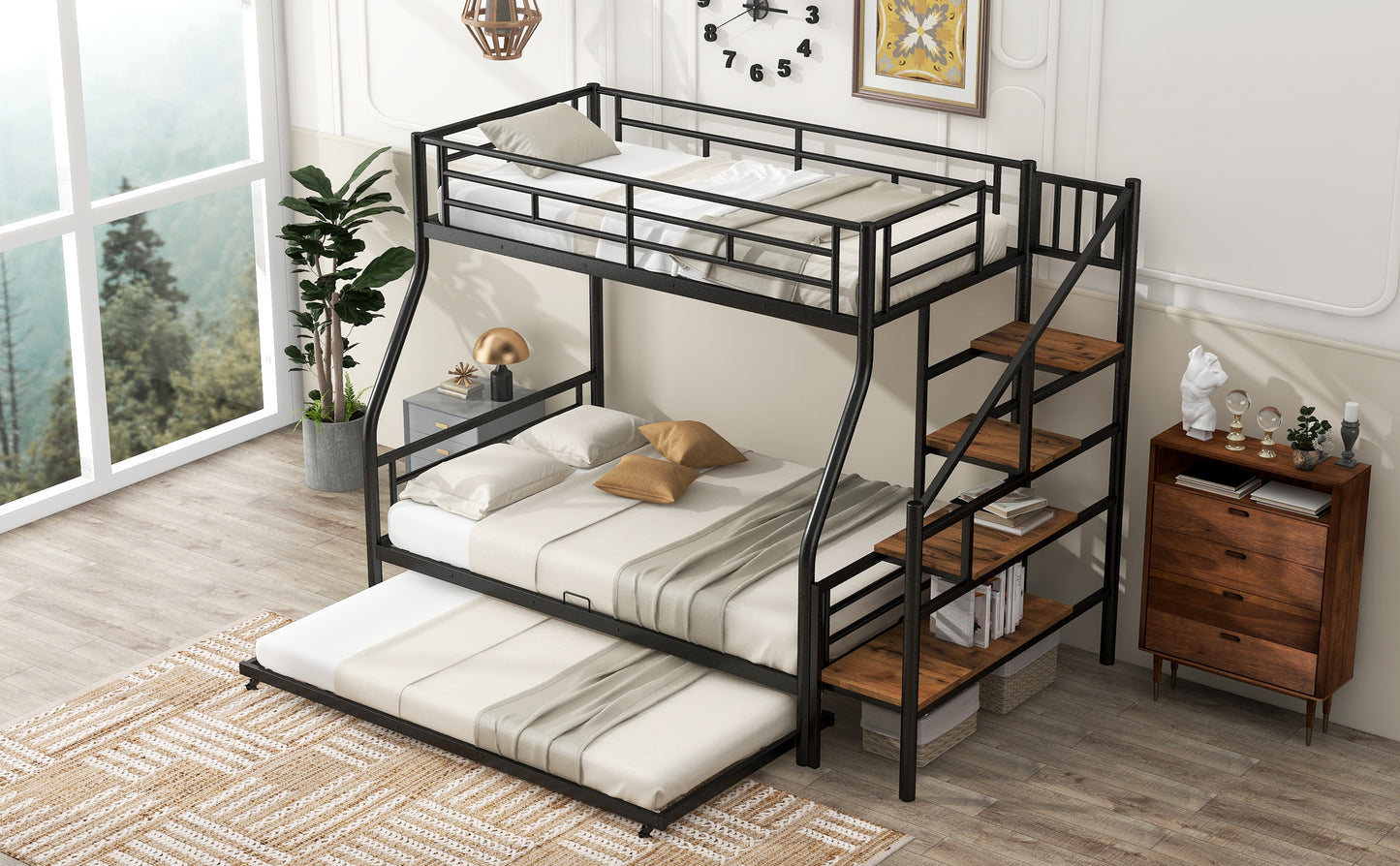 Black Metal Bunk Bed with Storage Staircase and Trundle - Twin over Full Size