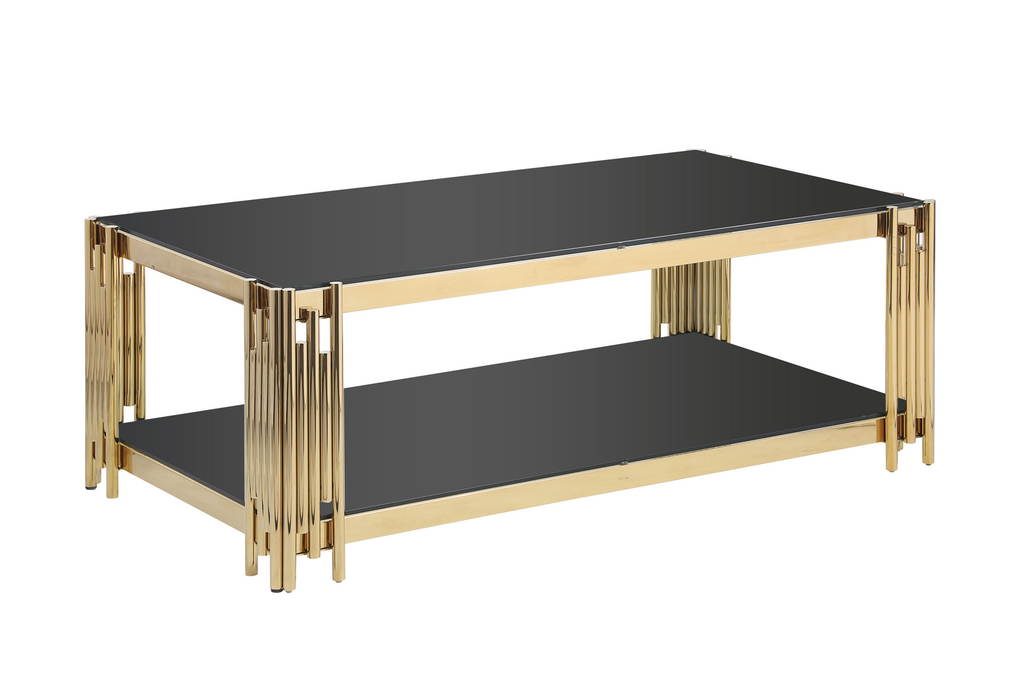 48-Inch Wide Golden Stainless Steel Coffee Table with Double-Layer Black Tempered Glass Top