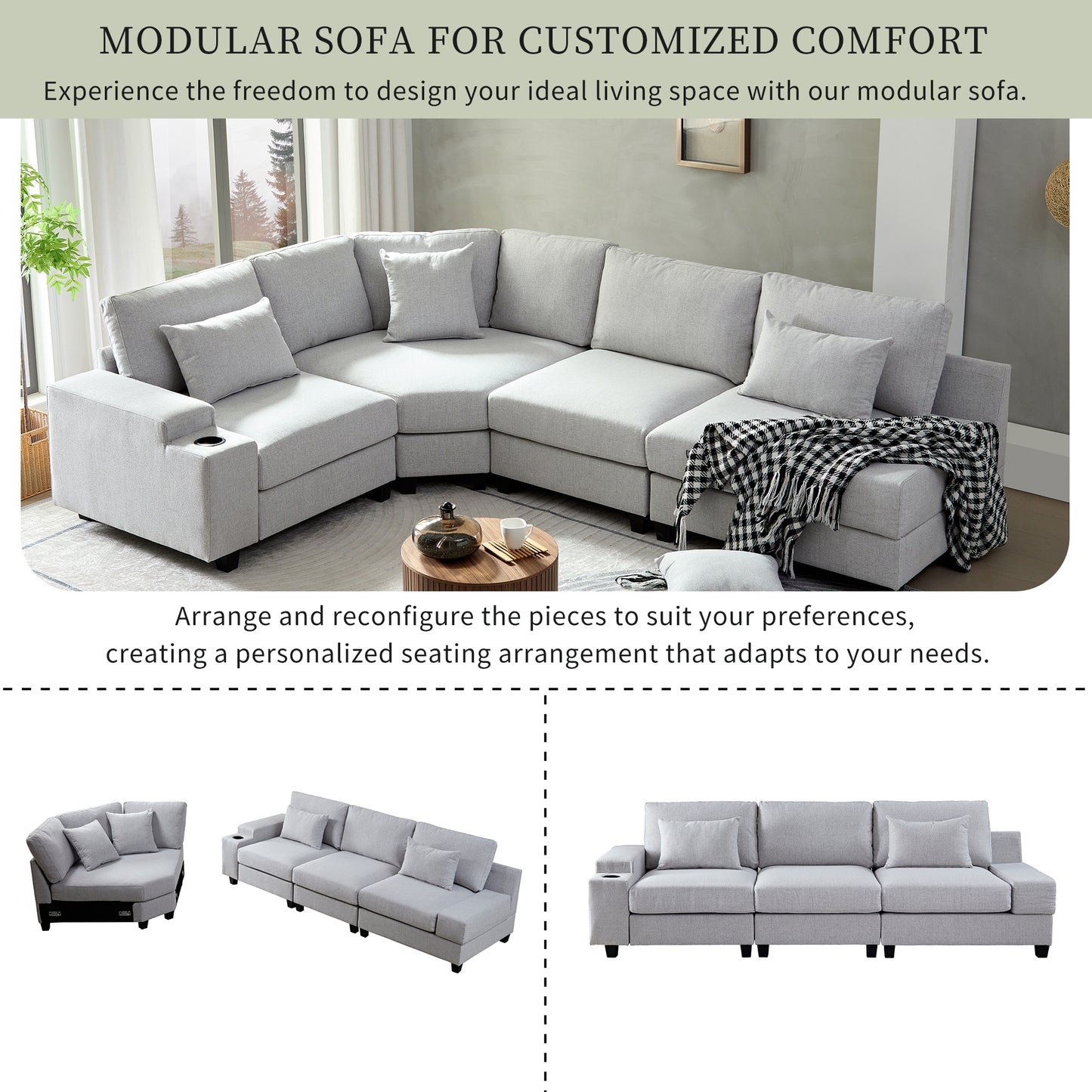 U_Style Stylish Modular Sofa Sectional with Polyester Upholstery with 4 Pillows, 1 Cup Holder with Free Combination for Living Room