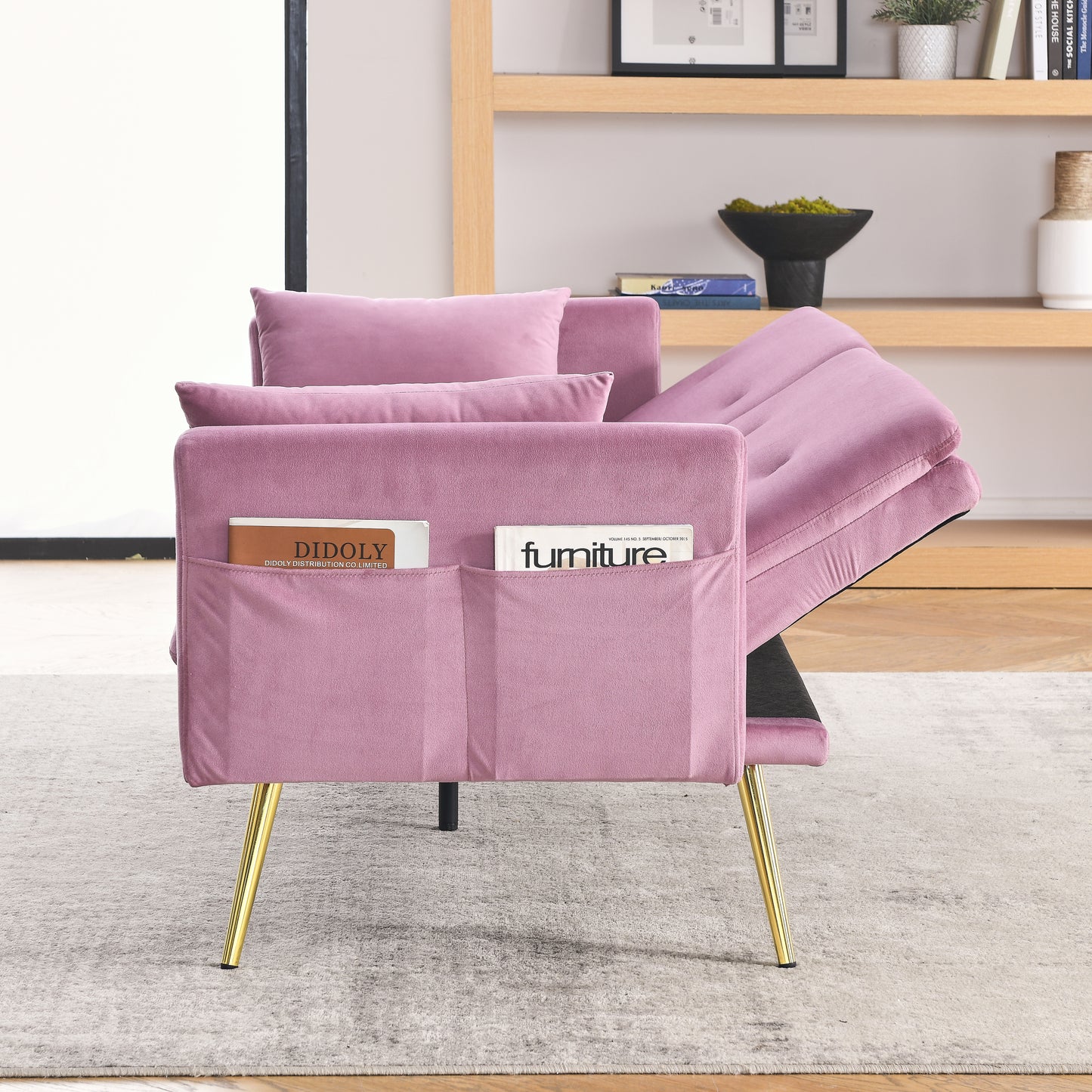 72.5 Pink Velvet Convertible Sofa Bed with Adjustable Backrest