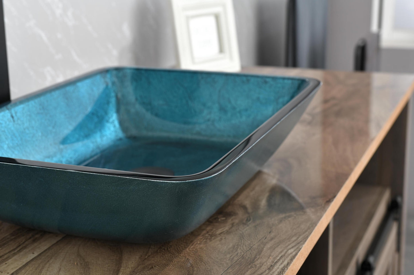 Handcrafted Blue Glass Rectangular Vessel Sink Set with Matte Black Faucet and Pop-Up Drain