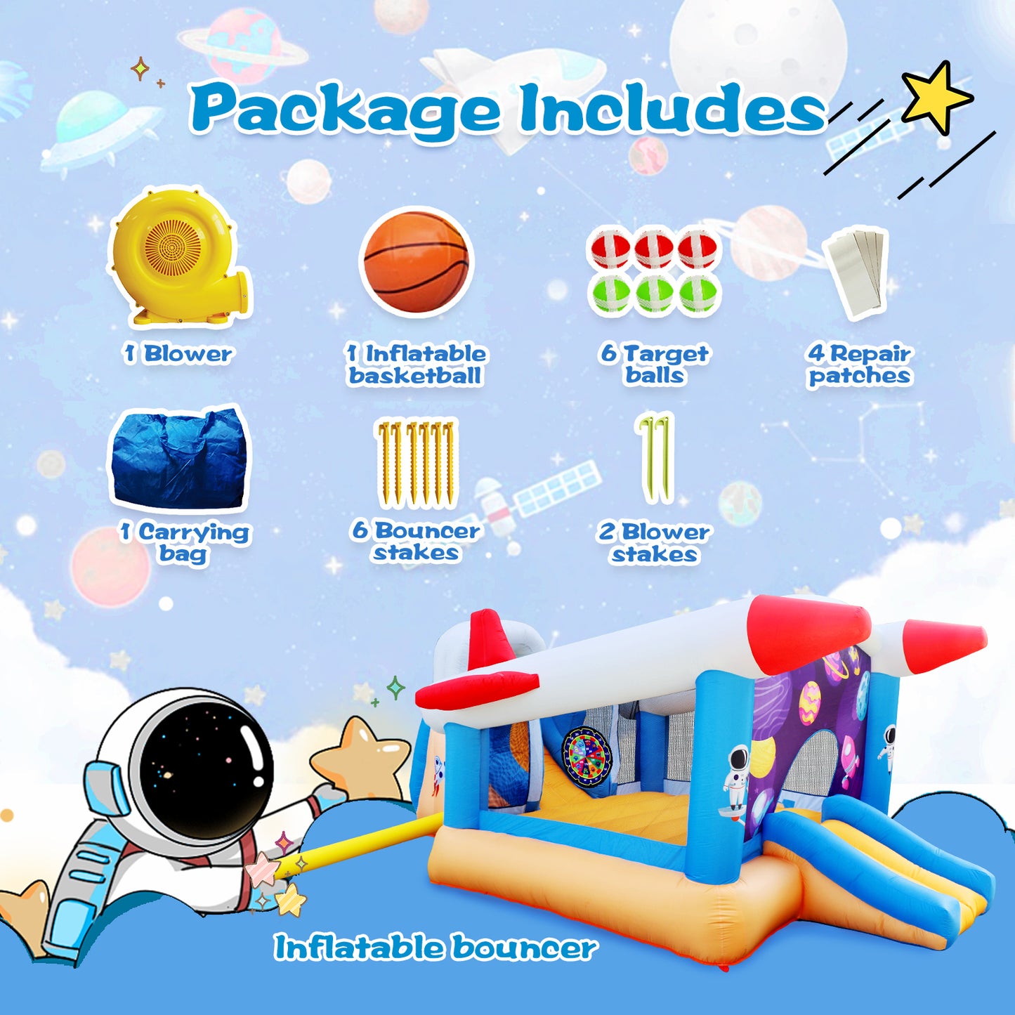 6-in-1 Multicolored Outdoor and Indoor Inflatable Bounce House for Kids with Target Ball, Basketball, and Slide, Including Blower