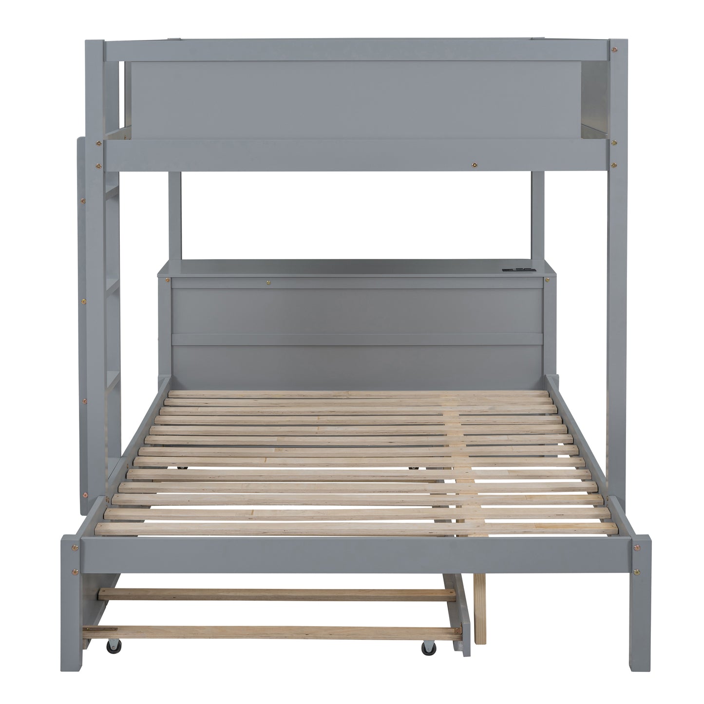 Full-Over-Full Bunk Bed with Twin Trundle, Storage, Desk, and USB Outlets, Gray - Ultimate Space-Saving Solution for Bedroom