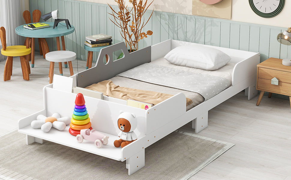 Car-Shaped Twin Bed with Bench,White