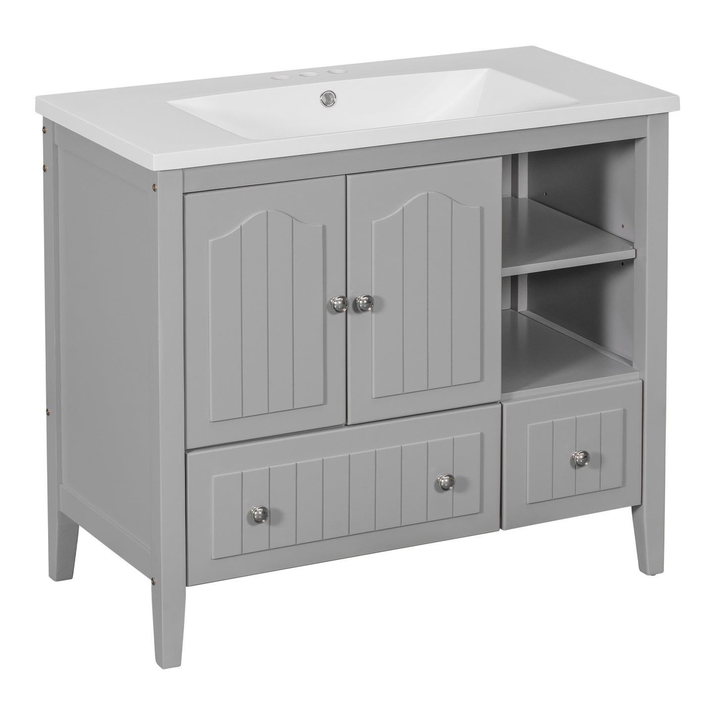 36" Bathroom Vanity with Ceramic Basin, Bathroom Storage Cabinet with Two Doors and Drawers, Solid Frame, Metal Handles, Grey