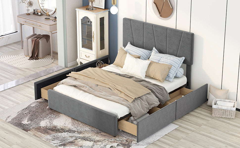 Queen Size Upholstery Platform Bed with Four Drawers on Two Sides, Adjustable Headboard, Grey(: WF291774EAA)