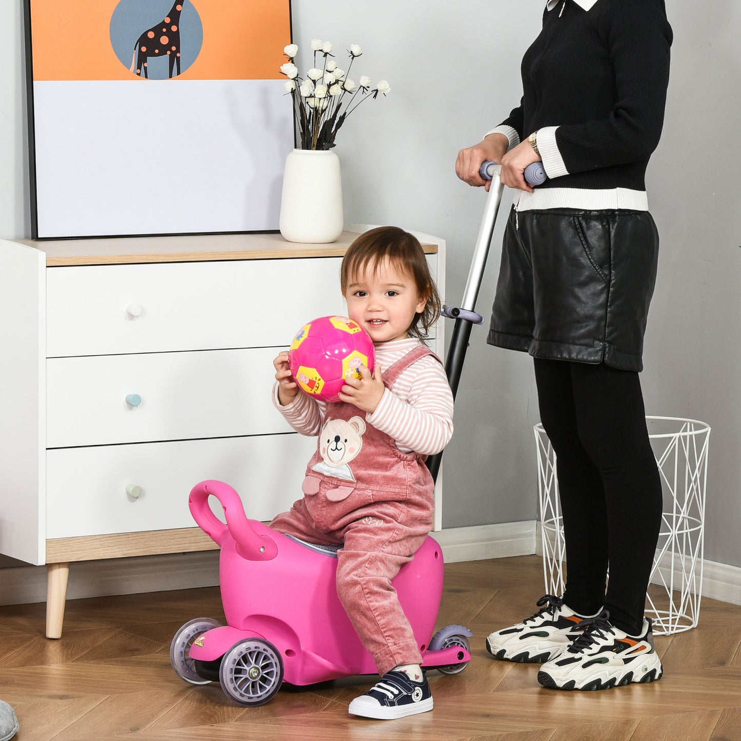 3-in-1 Ride On Push Car, Kids Scooter, Sliding Walker, Push Rider, with Adjustable Handlebar, 3 Balanced Wheels, Removable Storage Seat, for Boys and Girls Aged 2-6 Years Olds, Pink