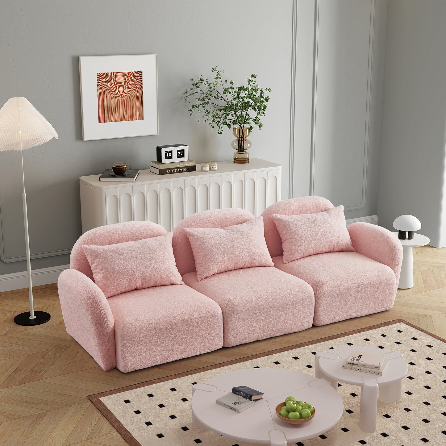 Living Room Furniture Three Seat Lazy Sofa Teddy Fabric Pink