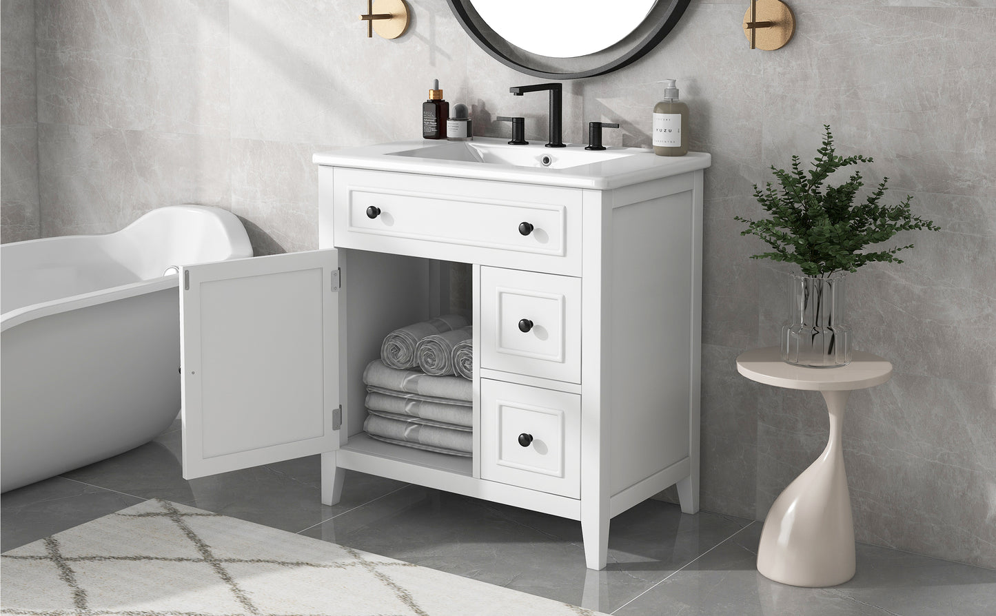 30" Bathroom Vanity with Sink Top, Bathroom Vanity Cabinet with Door and Two Drawers, Solid Wood Frame, One Package, White