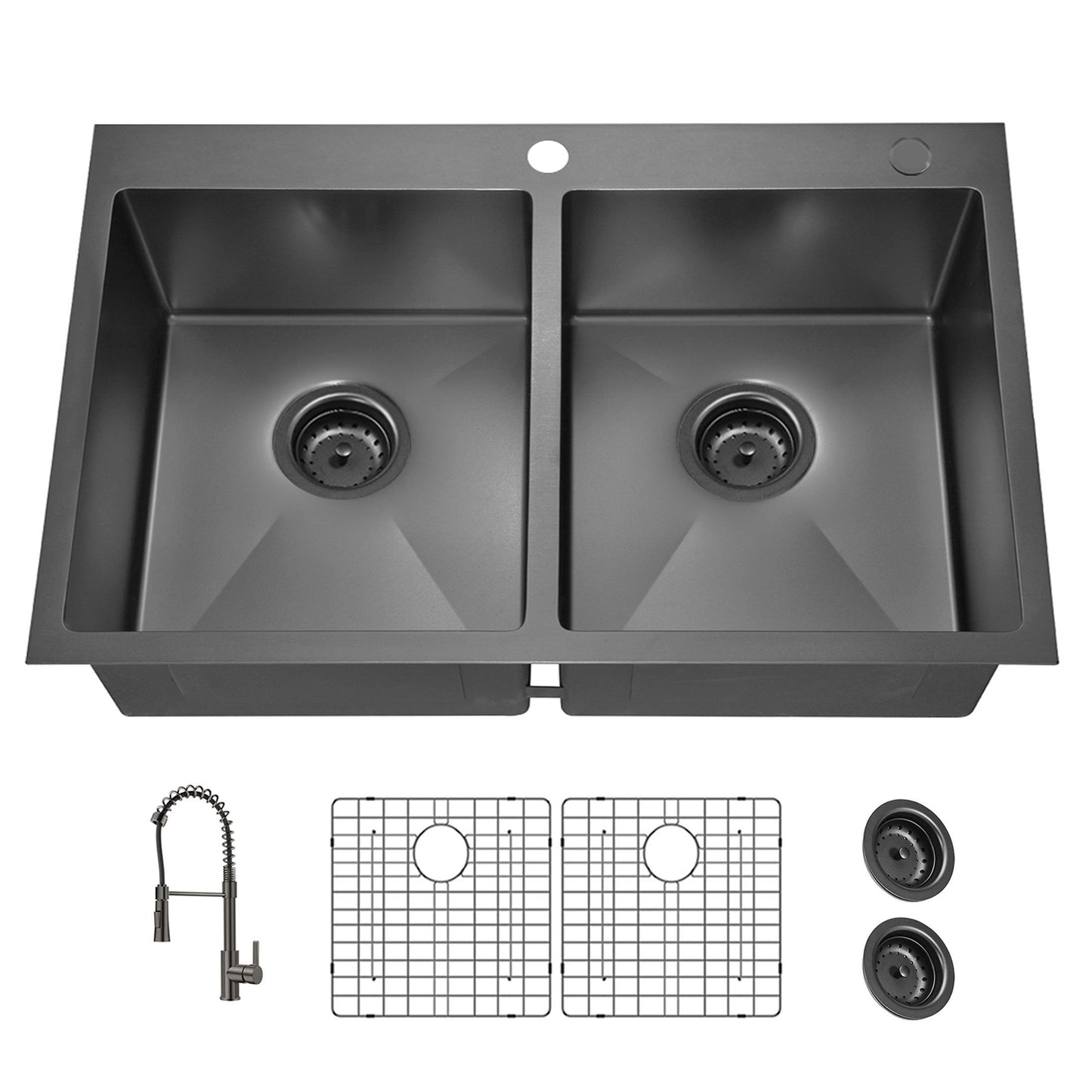 Gunmetal Black Double Bowl Topmount Kitchen Sink with Faucet