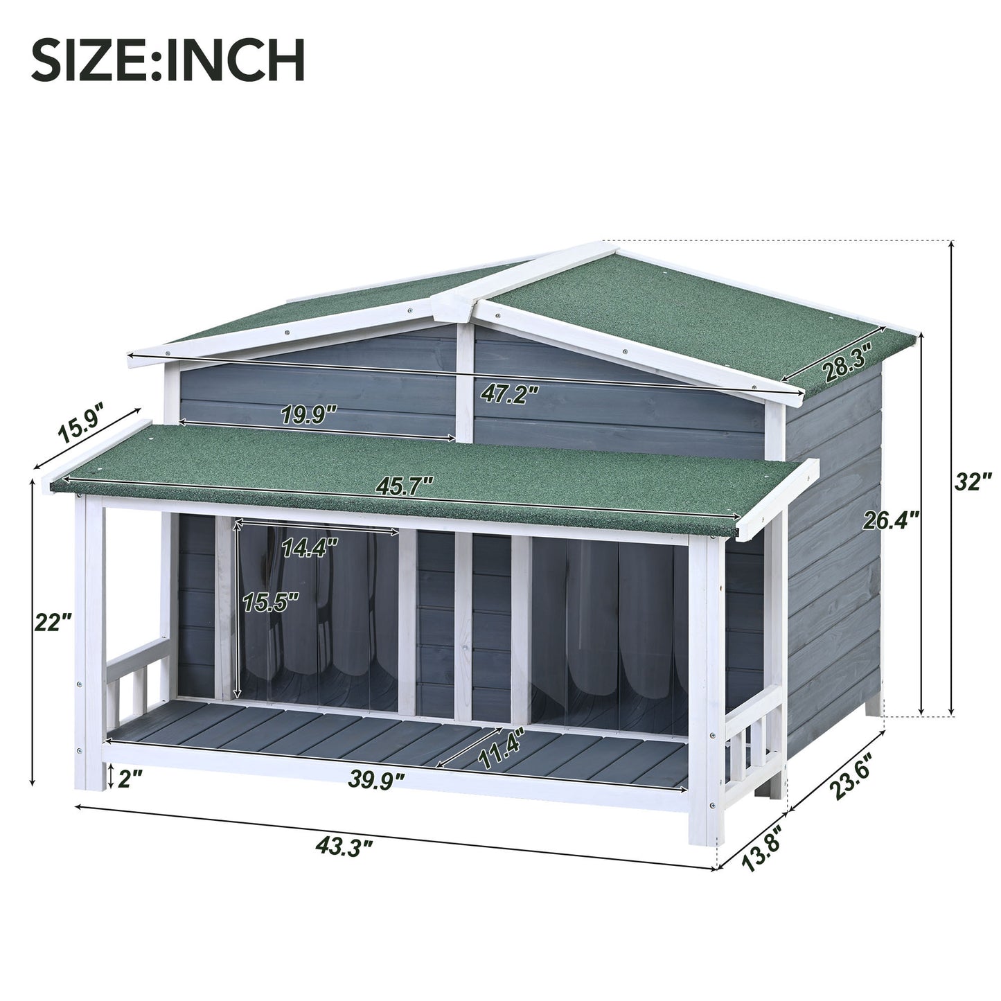 GO 47.2" Large Wooden Dog House Outdoor, Outdoor & Indoor Dog Crate, Cabin Style, With Porch, 2 Doors, Gray And Green