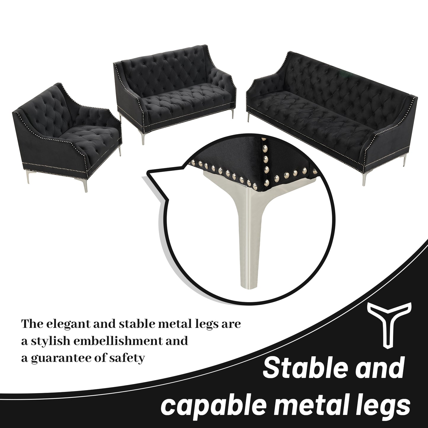 33.5 Plush Button Tufted Black Modern Sofa with Metal Legs