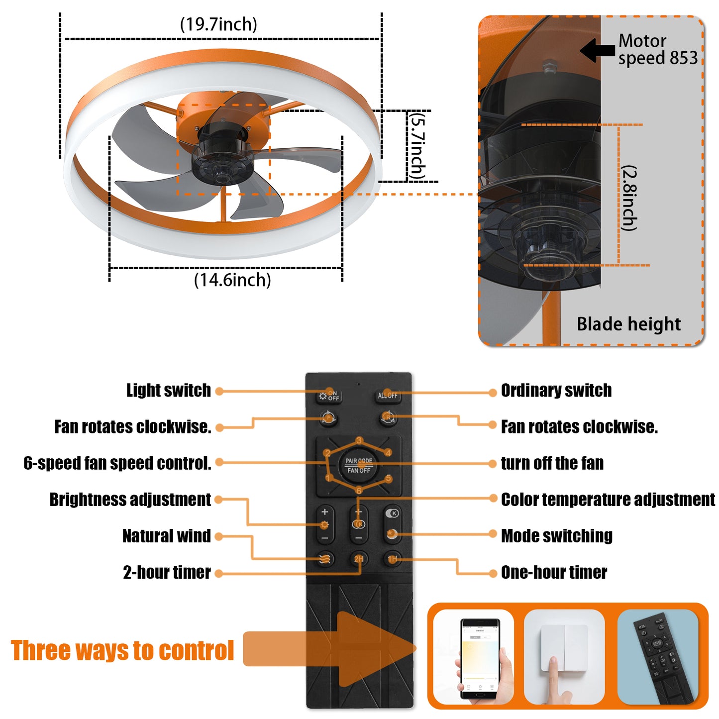 Modern Orange Ceiling Fans with Dimmable LED Lights