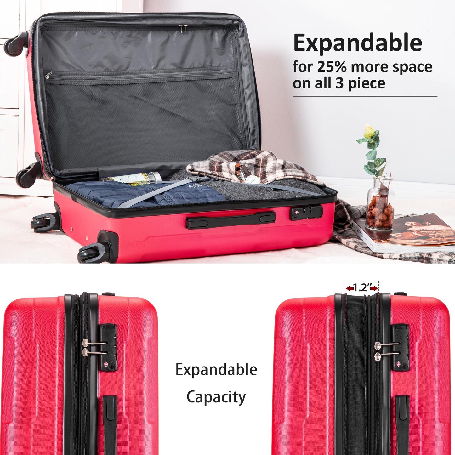 Expandable  Spinner Wheel 3 Piece Luggage Set ABS Lightweight Suitcase with TSA Lock