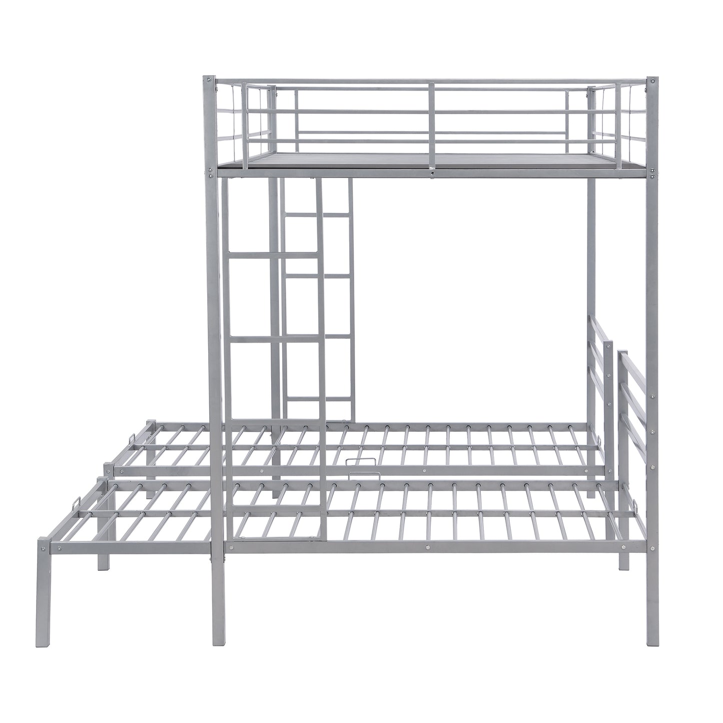 Space-Saving Silver Metal Triple Bunk Bed with Storage Shelf - Full over Twin & Twin Size