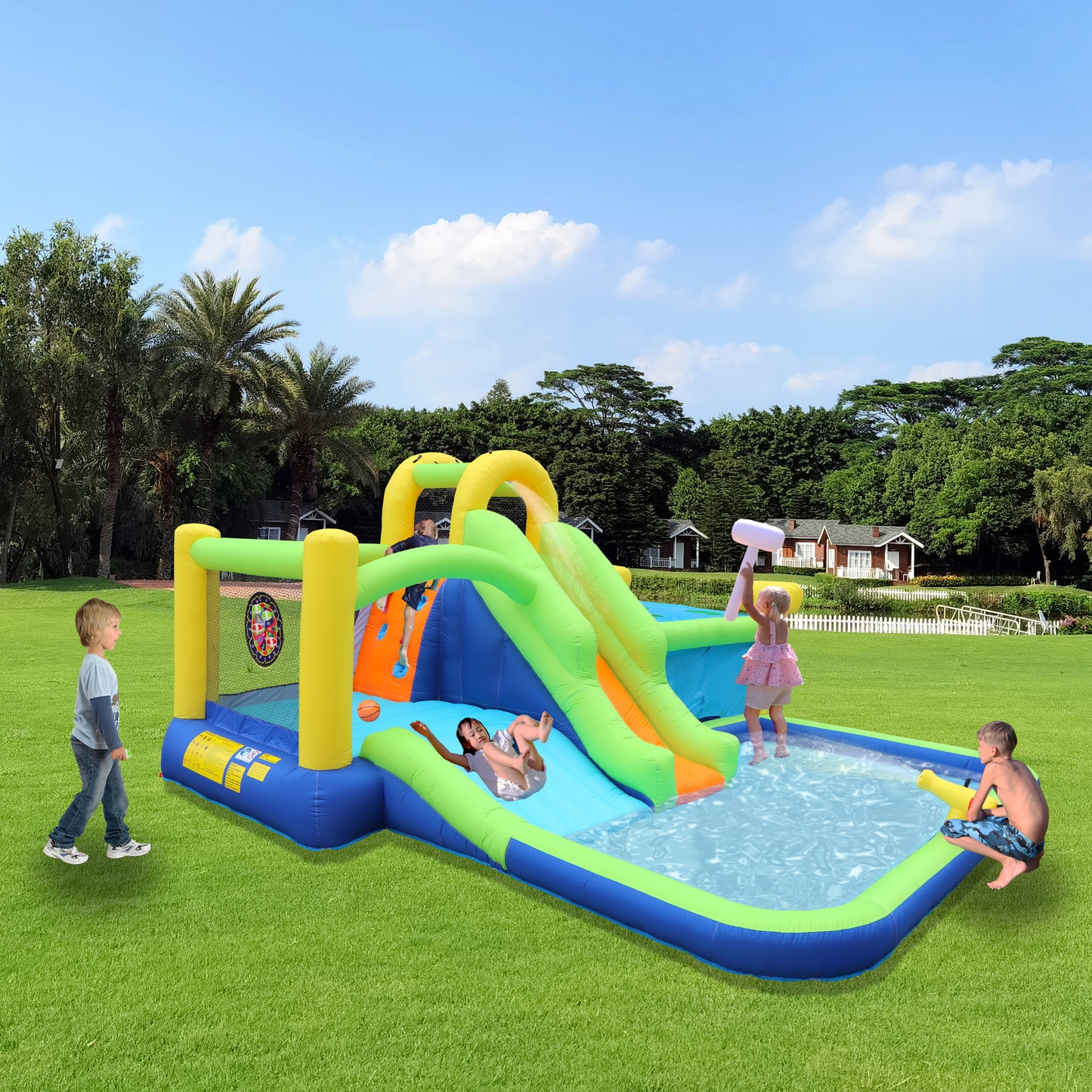 7-in-1 Inflatable Water Park Bouncer with Whack-a-Mole Games and Splash Pool