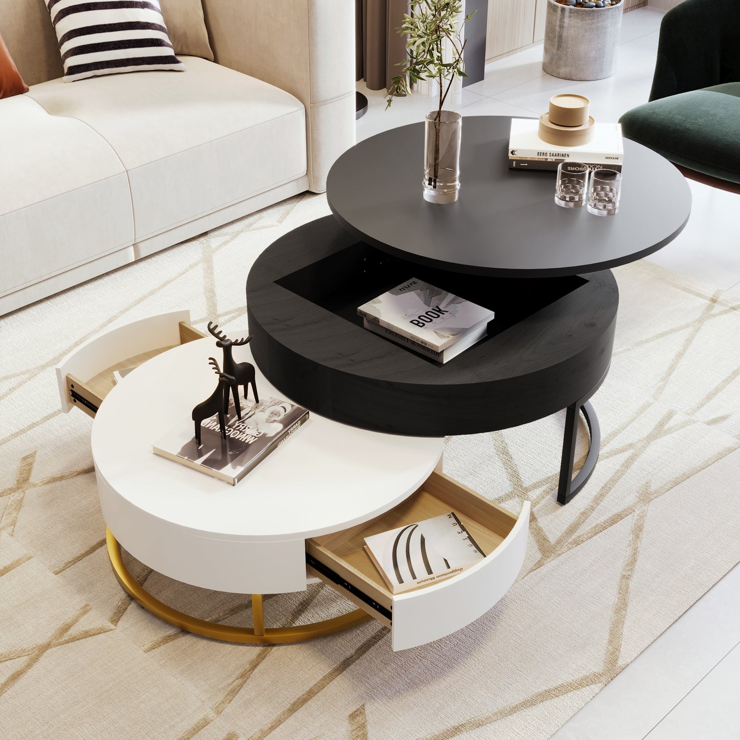 Contemporary 2-Drawer Lift-Top Round Coffee Tables in White & Black