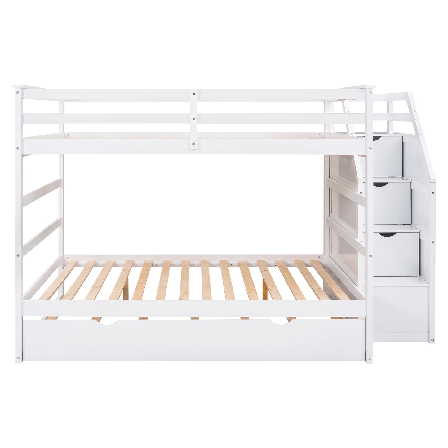 Elegant Full Bunk Bed with Trundle and Storage Stairs, White