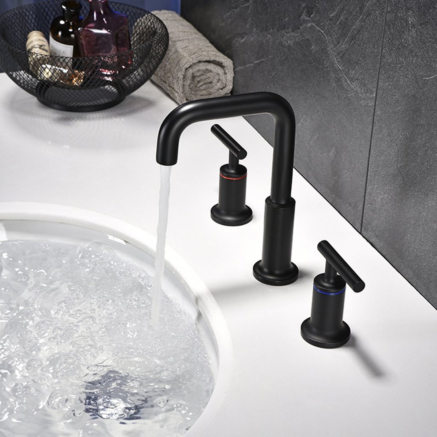 Modern Matte Black Widespread Bathroom Sink Faucet with CUPC Water Supply Hose and Cartridge