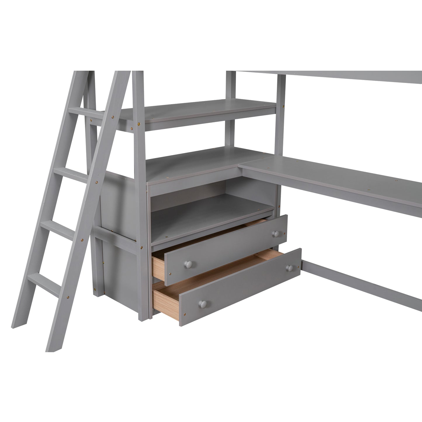 Twin Size Loft Bed with Desk and Shelves, Two Built-in Drawers, Gray(:GX000803AAE-1)