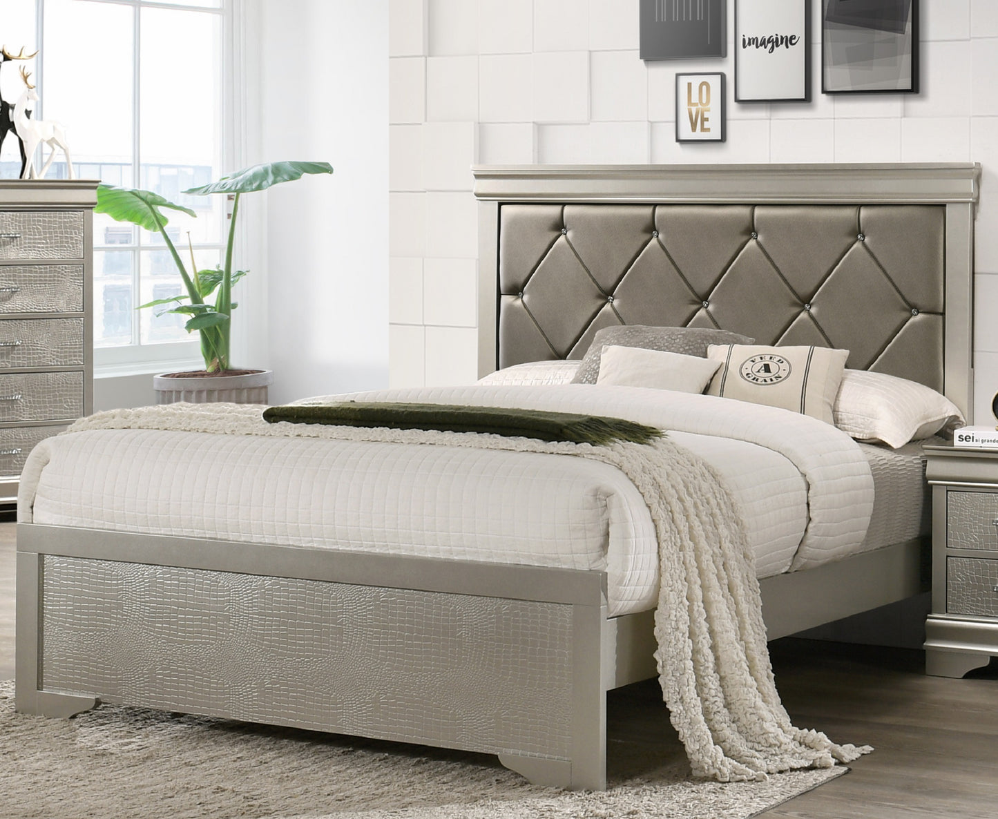 Modern 1pc Beige Champagne Finish Queen Size Panel Bed Wooden Crocodile Texture PU Upholstered Headboard Crystal-Like Button Tufted Fabric Bedroom Furniture