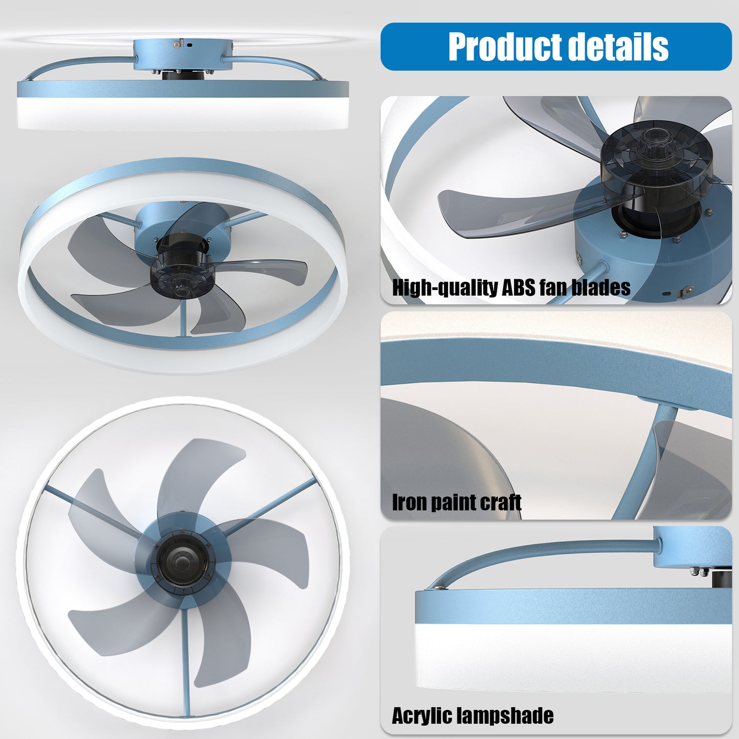 Modern Blue Ceiling Fans with Dimmable LED Lights