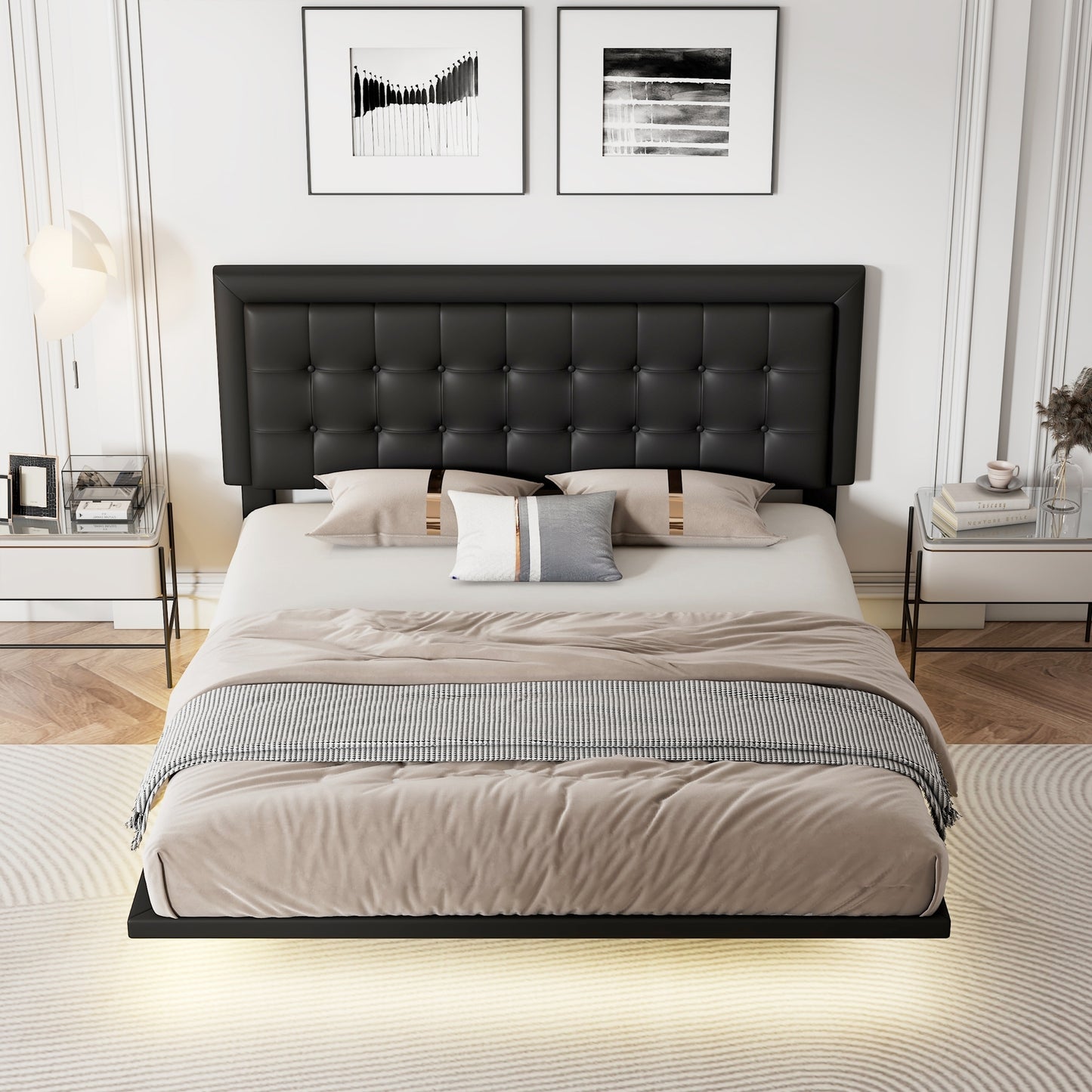 Queen Size Floating Bed Frame with Motion Activated Night Lights,Modern PU Upholstered Button Tufted Platform Bed Frame,Black