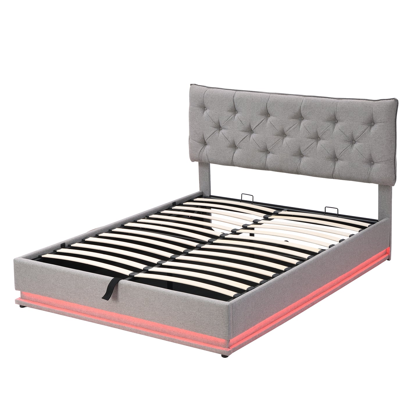 Queen Size Upholstered Bed with Hydraulic Storage System and LED Light, Modern Platform Bed with Button-tufted Design Headboard, Gray