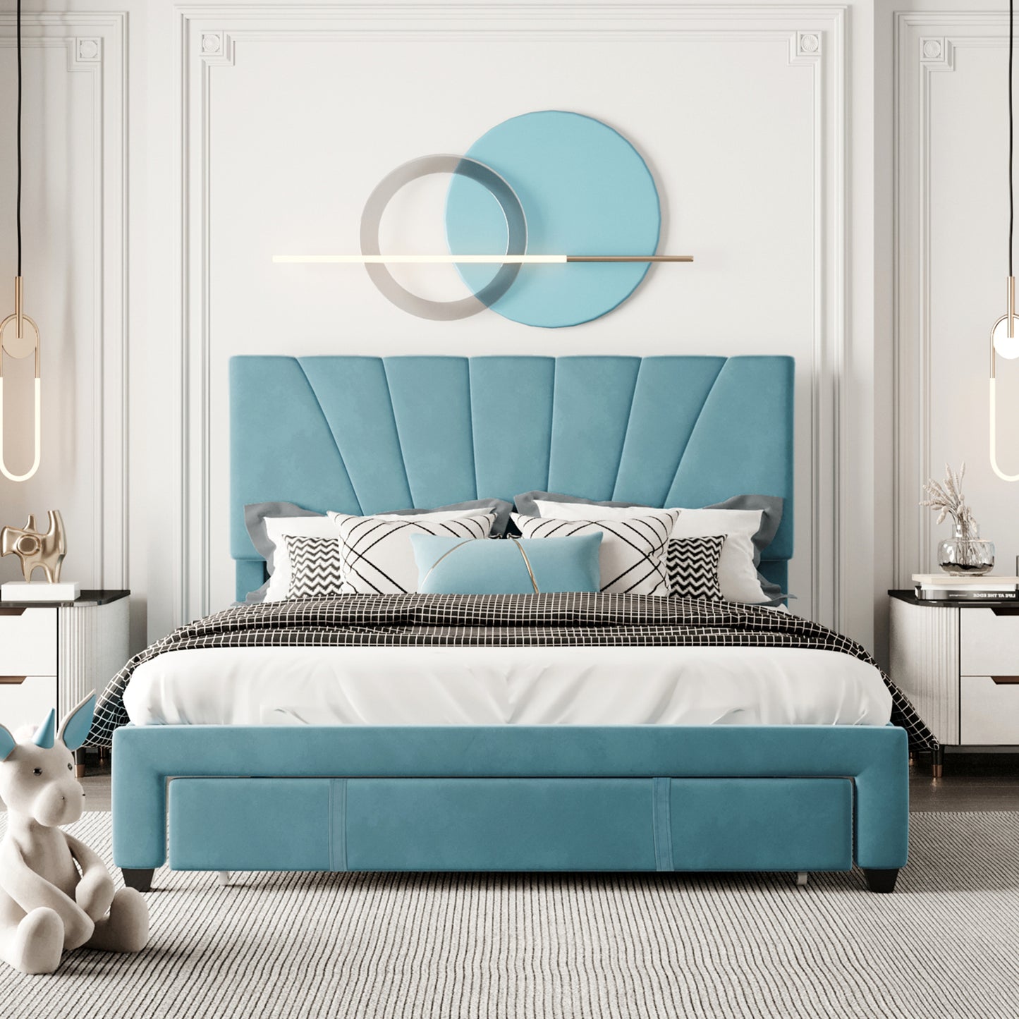Queen Size Storage Bed Velvet Upholstered Platform Bed with a Big Drawer - Blue
