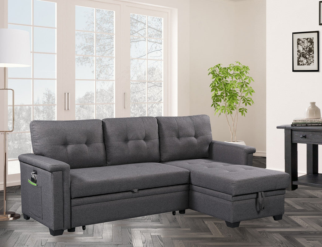 Nathan Charcoal Gray L-Shaped Sleeper Sectional Sofa with Storage Chaise, USB Charging Ports and Pocket