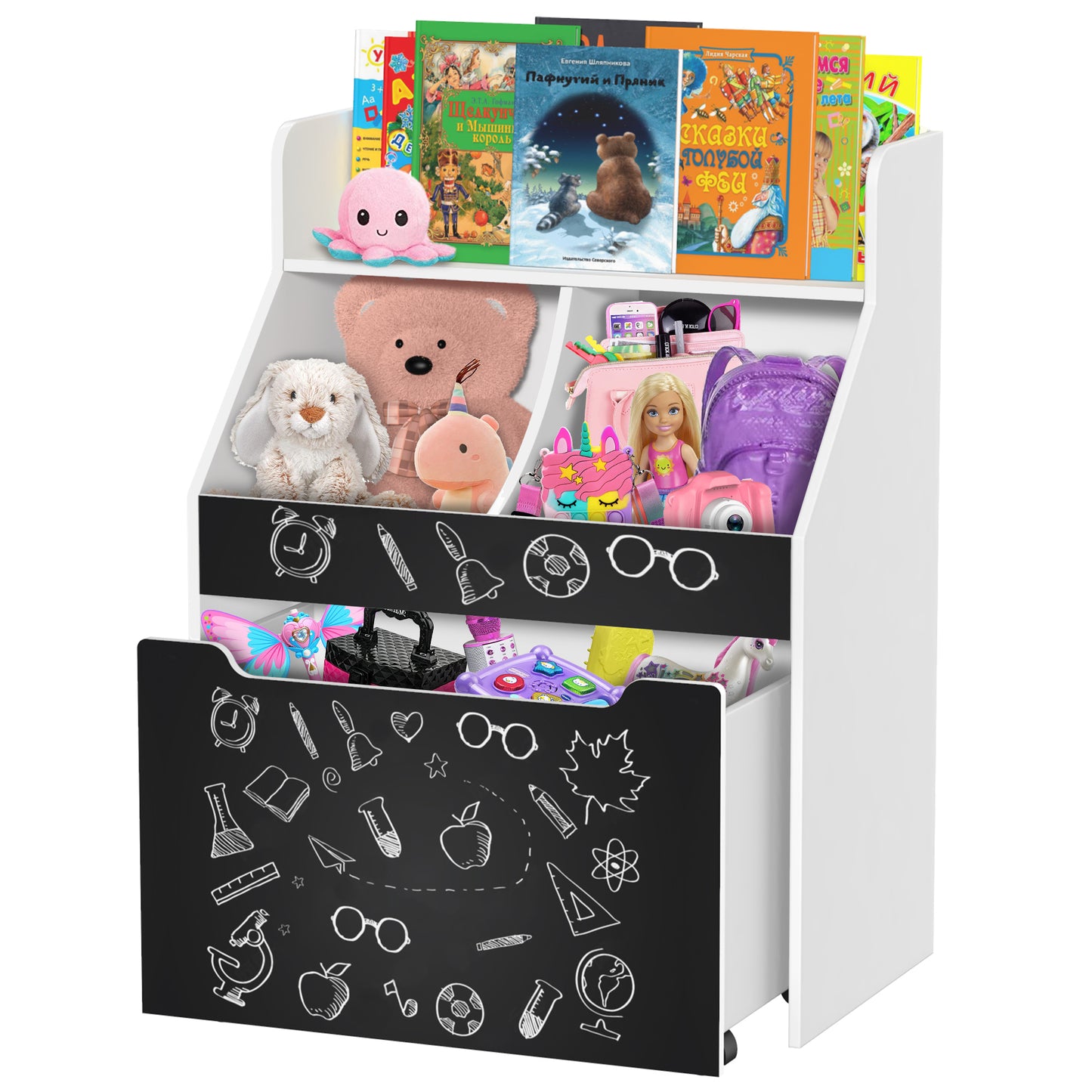 Children's White Bookshelf and Toy Storage Organizer with Rolling Bin and Chalkboard Panels