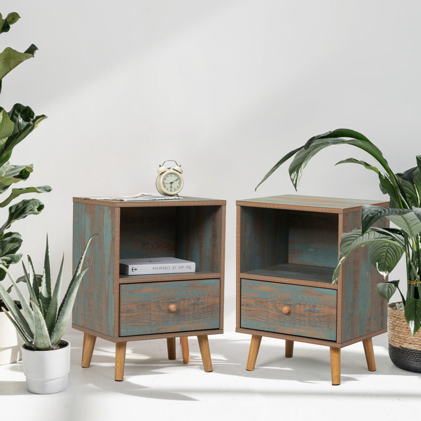 Set of 2 Modern Low Bedside Table, Wooden Nightstand with Drawer and Shelf, Patina Green