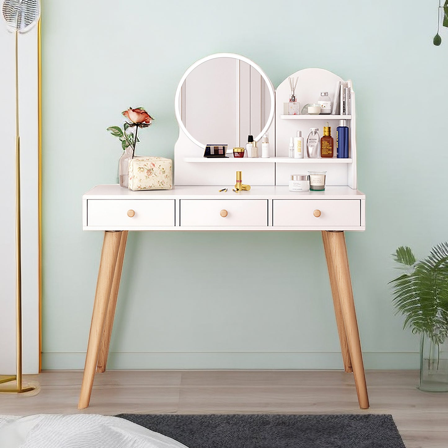 Fashion Vanity Desk with Mirror and Lights for Makeup Vanity Mirror with Lights  with 3 Color Lighting Brightness Adjustable, 3 Drawers, White   Color