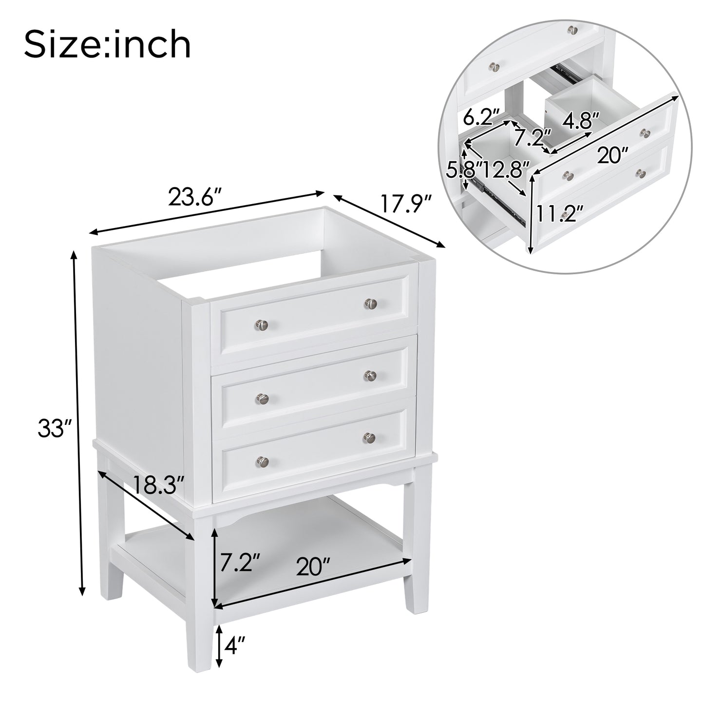 24" Bathroom Vanity Without Sink, Base Only, Solid Wood Frame, Bathroom Storage Cabinet with Drawer and Open Shelf, White