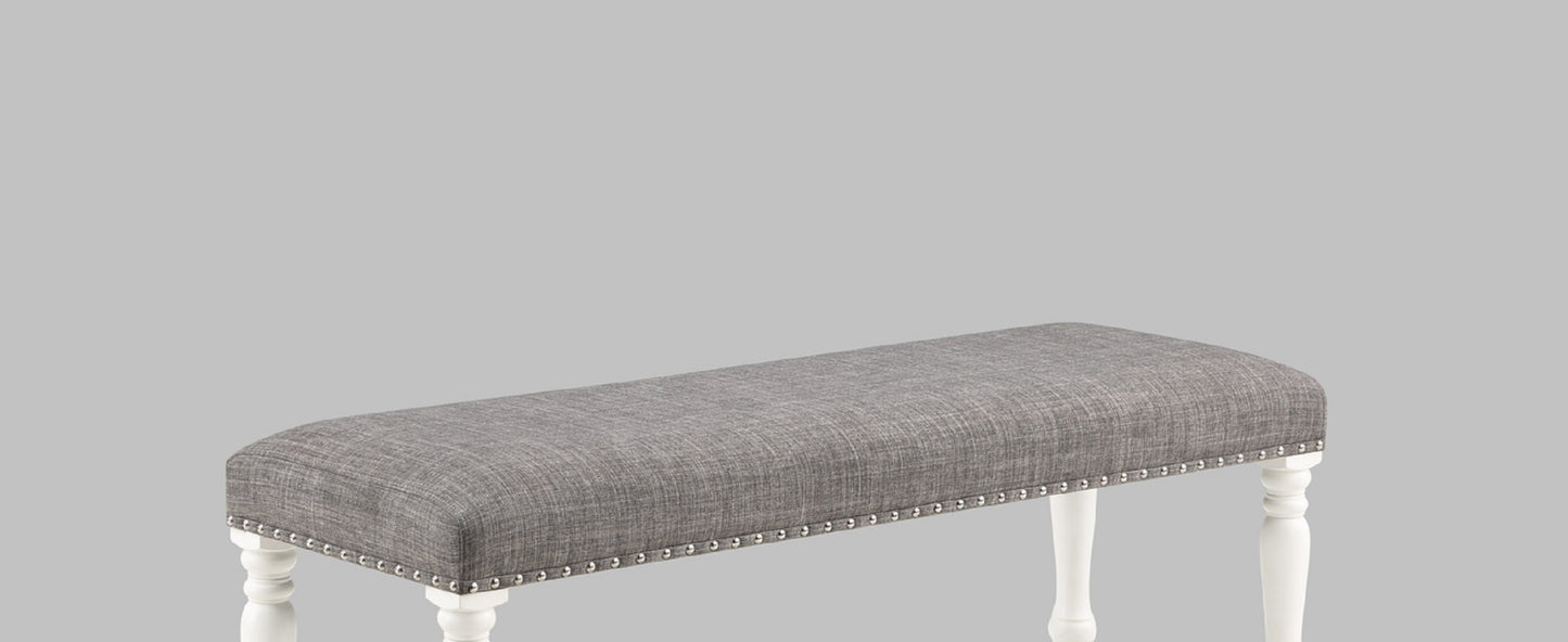 1pc Traditional Style Chalk Gray Finish Counter Dining Height Turned Legs Nailhead Trim Linen Fabric Upholstered Bench Solid Wood Wooden Dining Room Bench