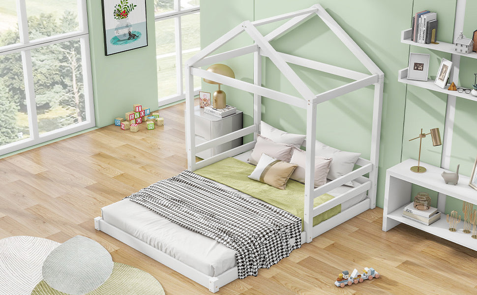 Wood Full Size House Bed with Guardrail, White