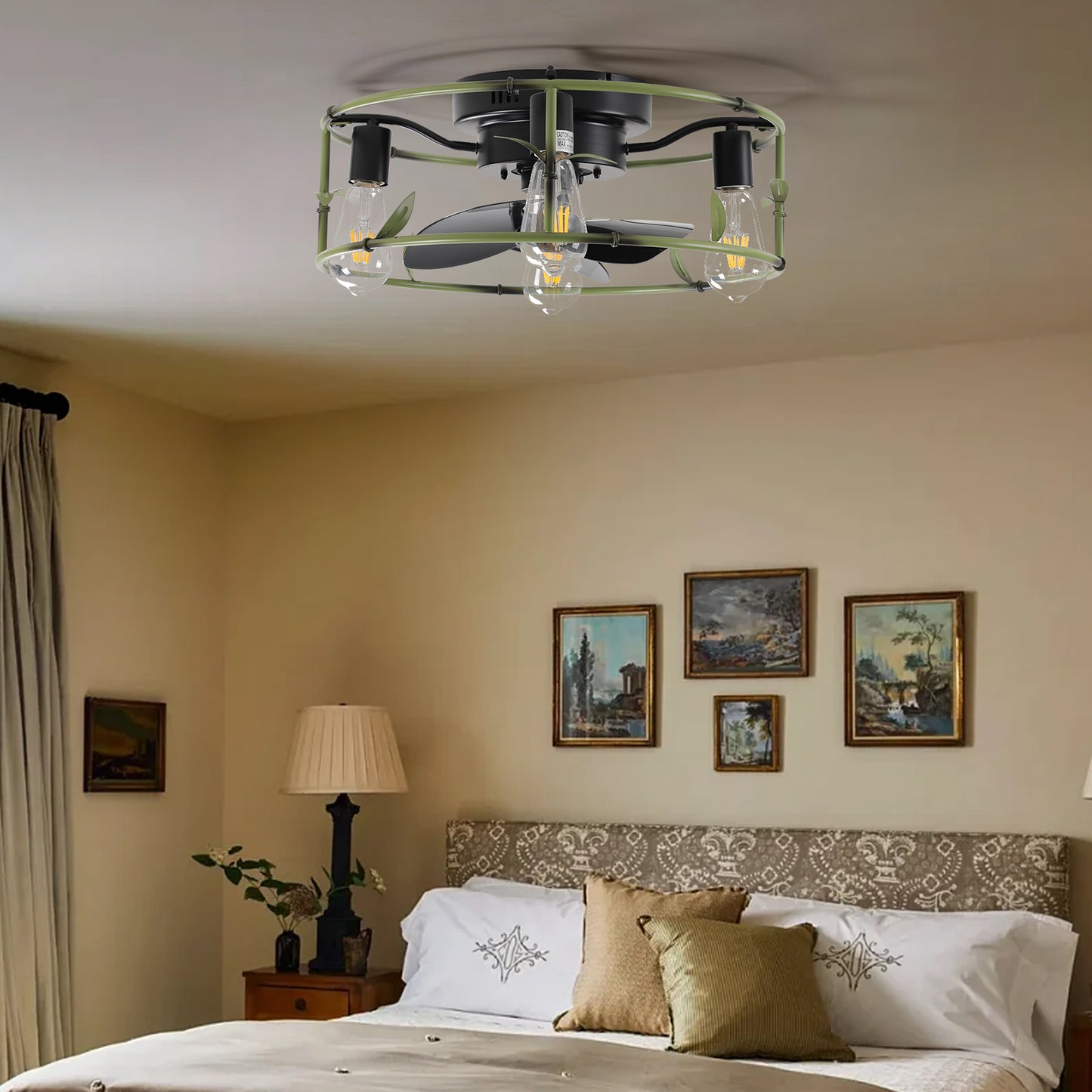 Modern Green Caged Ceiling Fan with Lights and Remote Control