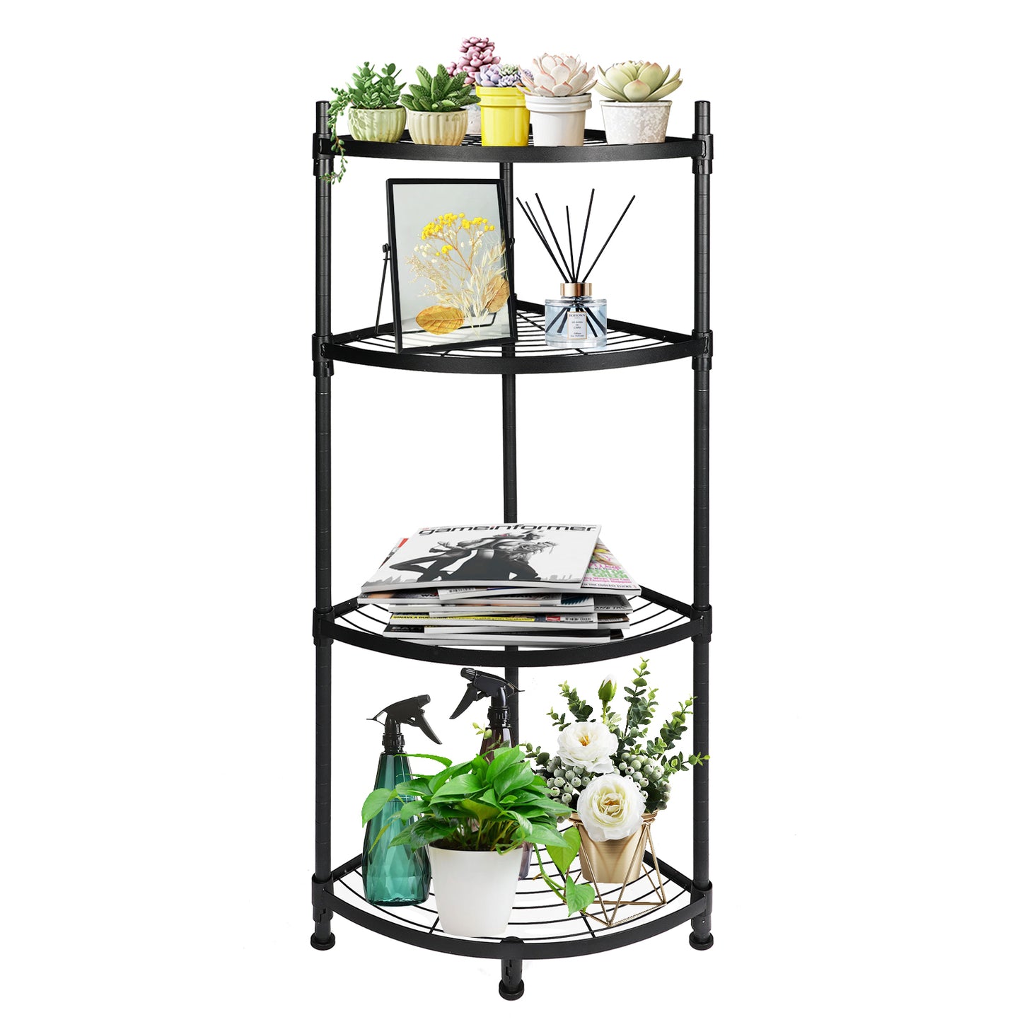 4 Tier Corner Display Rack Multipurpose Metal Shelving Unit, Bookcase Storage Rack Plant Stand for Living Room, Home Office, Kitchen, Small Space, 1-Pack, Black