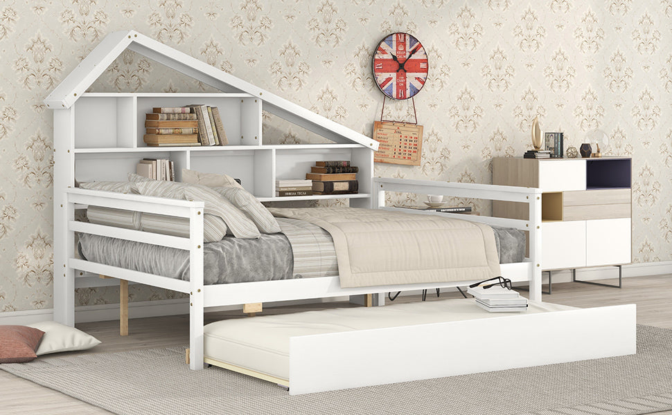 Full Size Platform Bed with Trundle and Shelves, White