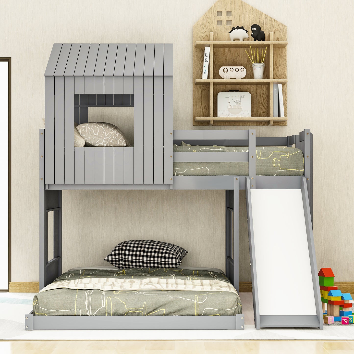 Playhouse Twin Over Full Bunk Bed with Ladder, Slide & Guardrails - Gray Wood, LT000028AAN