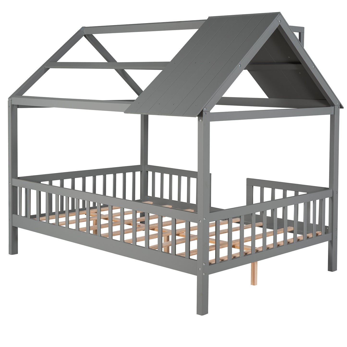 Full Size Wood House Bed with Fence, Gray